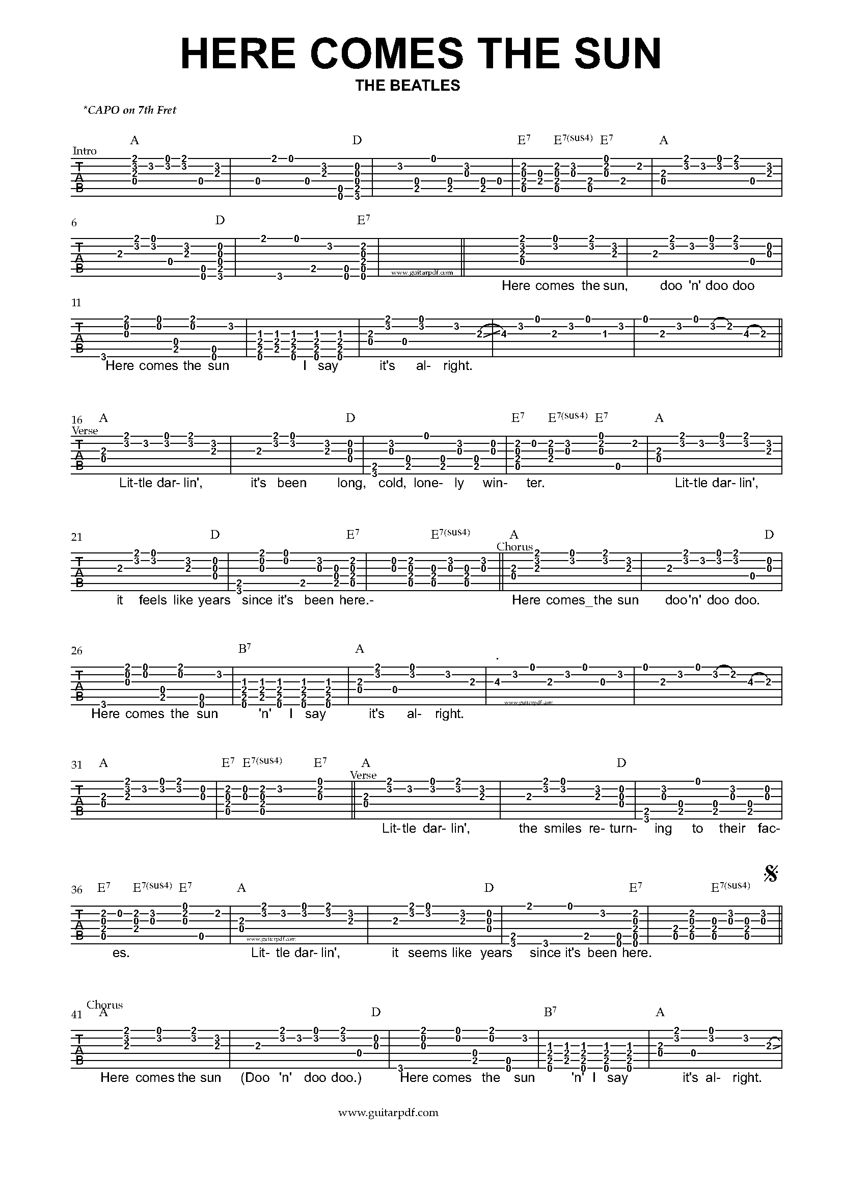 Here Comes The Sun Guitar Tabs PDF