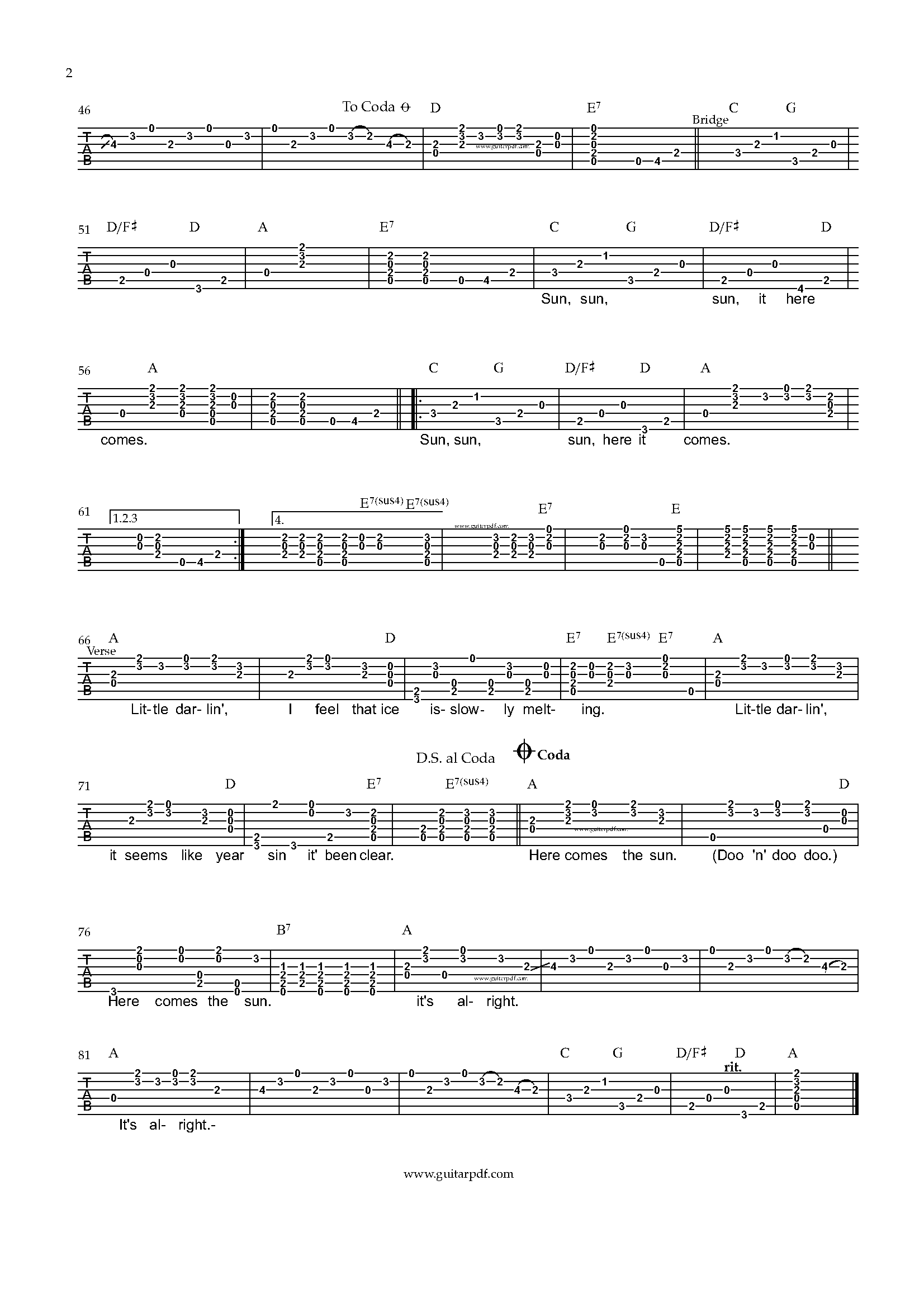 Here Comes The Sun Guitar Tabs PDF
